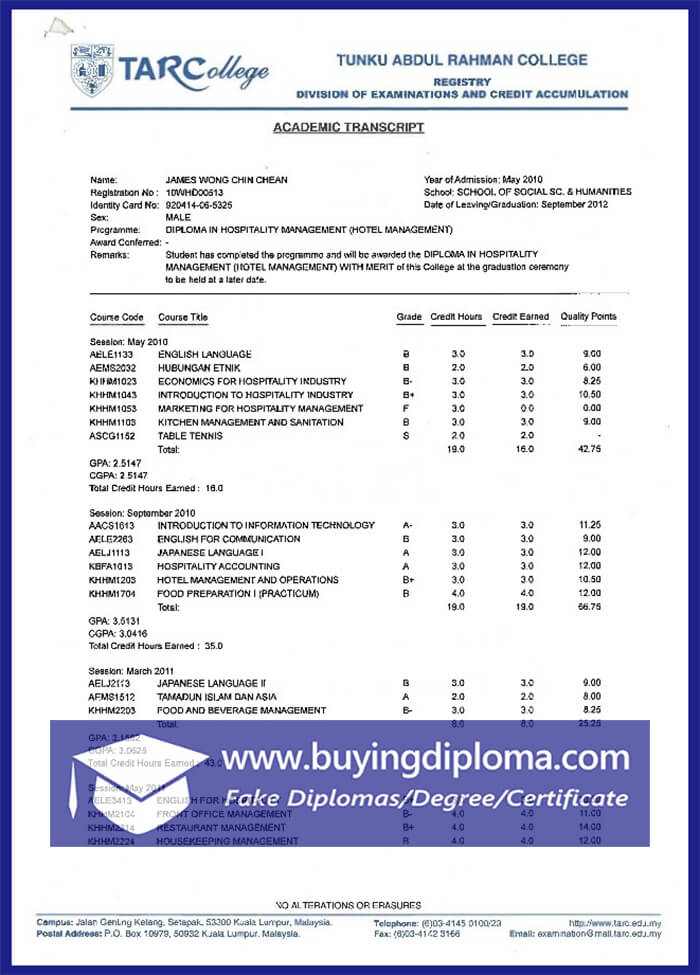 Safely Buy Transcript of Tunku Abdul Rahman University of Management and Technology