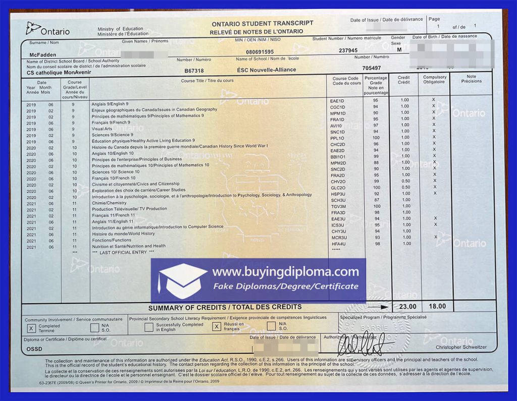 Ontario High School Diploma Transcript